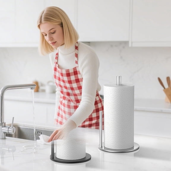 Stainless Steel Paper Towel Holder Weighted Base | Freestanding Countertop Dispenser | Silver & Black, Rustproof, Fits Standard & Large Rolls, Space Saving Kitchen Organizer, Easy No-Tool Assembly
