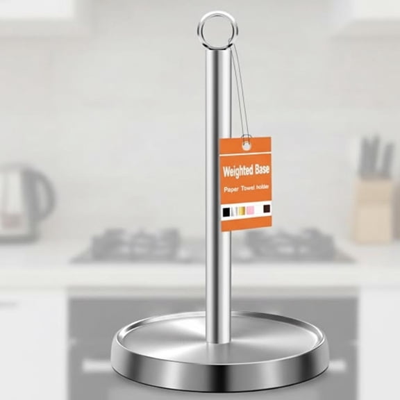 Stainless Steel Paper Towel Holder with Weighted Base for Kitchen and Bathroom Countertop, Farmhouse Decor Accessory in Silver Finish