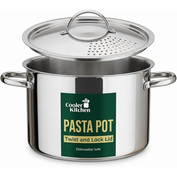 Cooler Concepts 5.5 Quart Stainless Steel Pasta Strainer Pot with Locking Lid, No Colander Needed