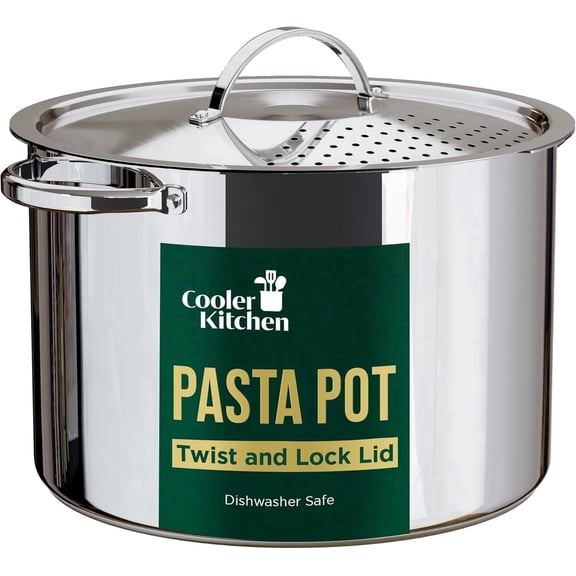 stainless steel pasta pot with locking strainer lid, 5.5 quart large capacity, twist & lock for easy drain, no colander needed, dishwasher safe