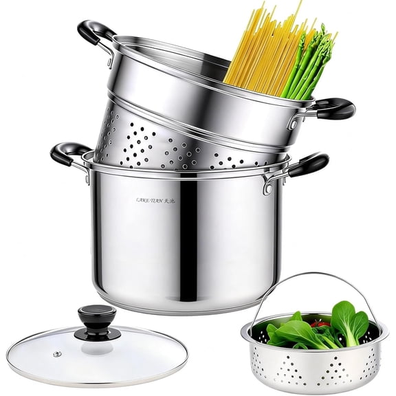 Stainless Steel Pasta Pot With Strainer Insert 4pc 10 Quart, Steamer for cooking, Spaghetti Pot, Stock & Pasta Pots Multipots, Steamer Set With Basket With Lid, Induction Compatible
