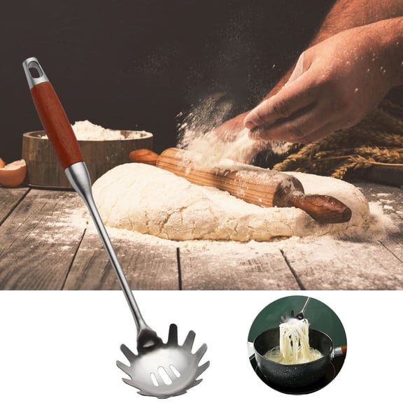 Stainless Steel Pasta Server Spoon with Teeth, Heat Resistant Handle, Dishwasher Spaghetti Noodle Serving Utensil for Kitchen
