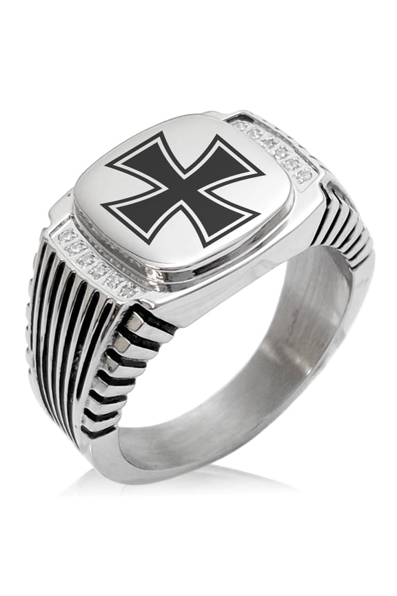 Stainless Steel Pattee Iron Cross CZ Ribbed Needle Stripe Pattern Biker Style Polished Ring