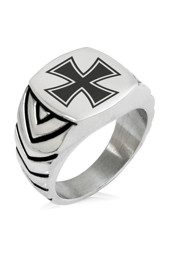 Stainless Steel Pattee Iron Cross Chevron Pattern Biker Style Polished Ring