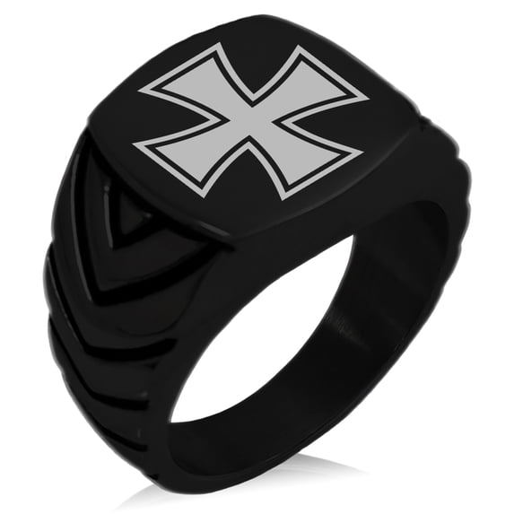 Stainless Steel Pattee Iron Cross Chevron Pattern Biker Style Polished Ring