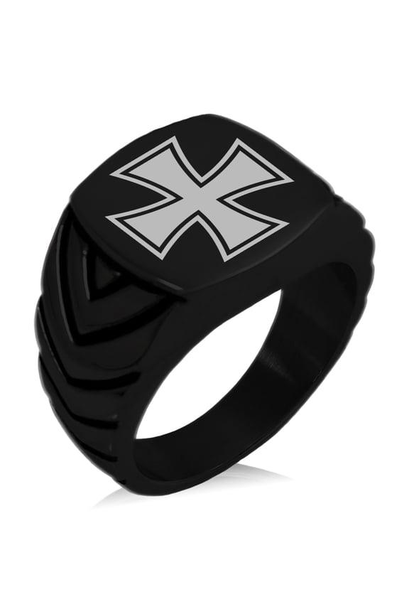 Stainless Steel Pattee Iron Cross Chevron Pattern Biker Style Polished Ring