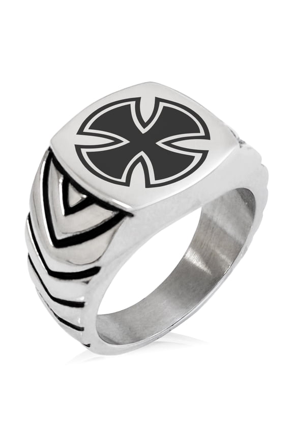 Stainless Steel Pattee Iron Cross Circlet Chevron Pattern Biker Style Polished Ring