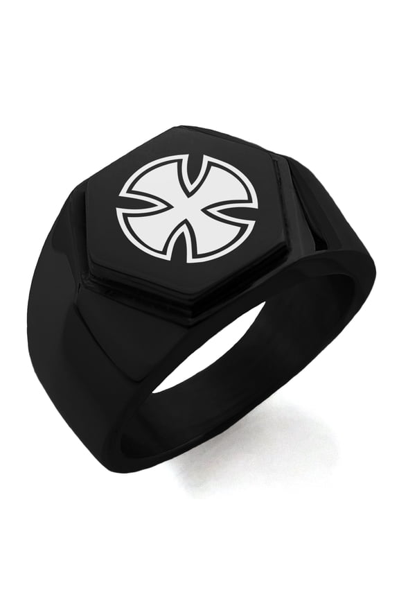 Stainless Steel Pattee Iron Cross Circlet Engraved Hexagon Crest Flat Top Biker Style Polished Ring