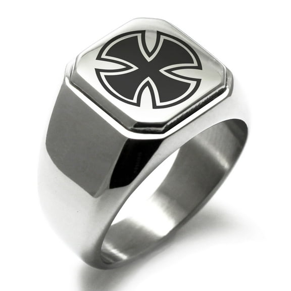 Stainless Steel Pattee Iron Cross Circlet Engraved Square Flat Top Biker Style Polished Signet Ring