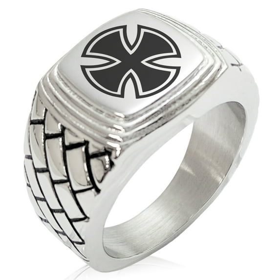 Stainless Steel Pattee Iron Cross Circlet Geometric Pattern Step-Down Biker Style Polished Ring