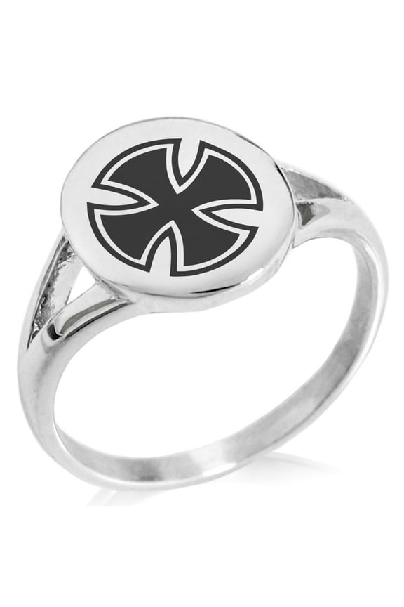 Stainless Steel Pattee Iron Cross Circlet Minimalist Oval Top Polished Statement Signet Ring