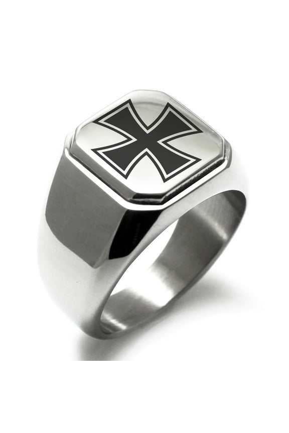 Stainless Steel Pattee Iron Cross Engraved Square Flat Top Biker Style Polished Signet Ring