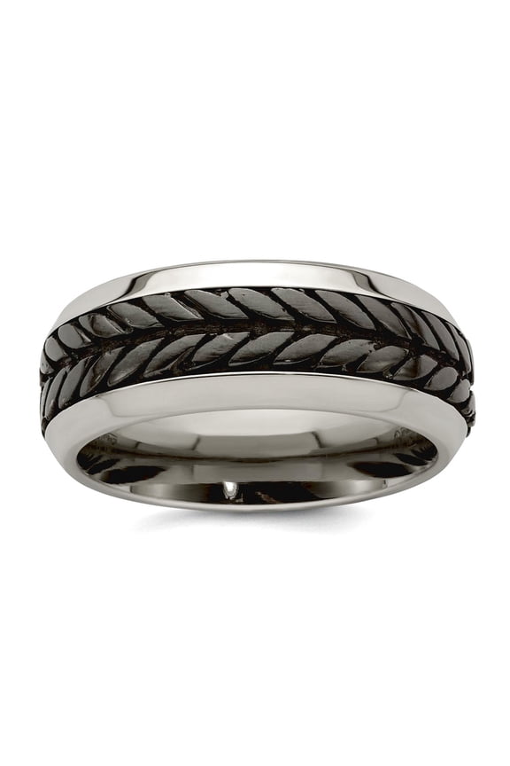Stainless Steel Patterned Beveled Edge and Black Titanium Rope Design Beveled Casted 9mm Band Size 10 Ring for Women and