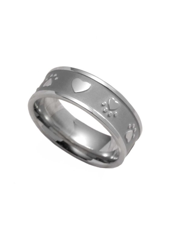 Stainless Steel Paw Print Heart Sandblasted Ring - Pet Memorial Jewelry size 8