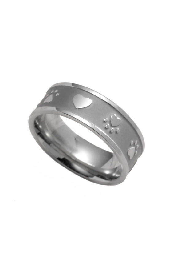 Stainless Steel Paw Print Heart Sandblasted Ring - Pet Memorial Jewelry size 8