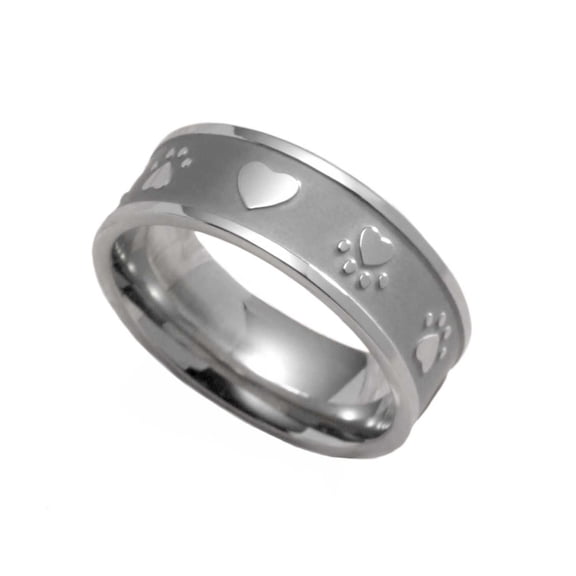 Stainless Steel Paw Print Heart Sandblasted Ring - Pet Memorial Jewelry size 9