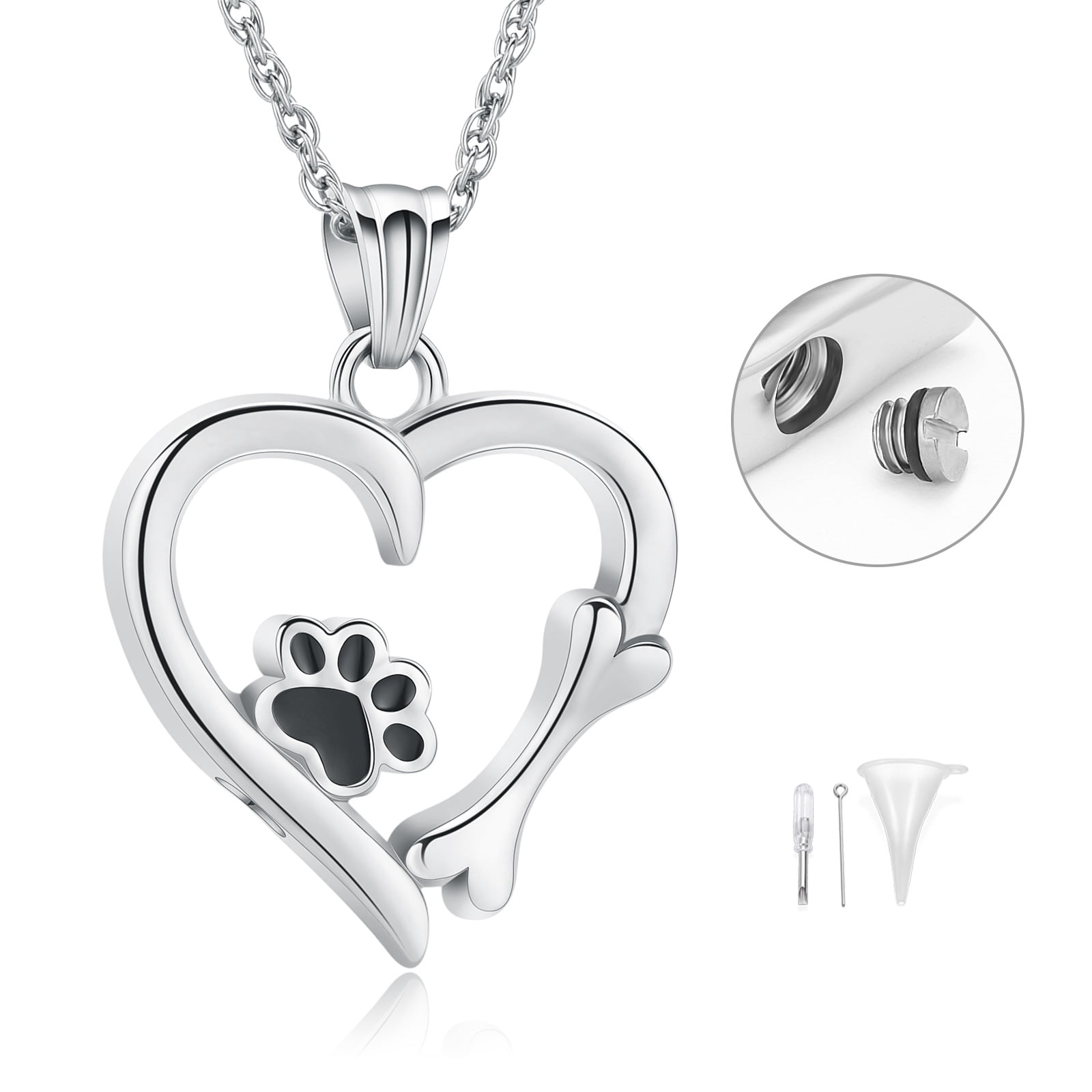 Stainless Steel Paw Print Heart Urn Pendant Pet Memory Necklace for Dog ...