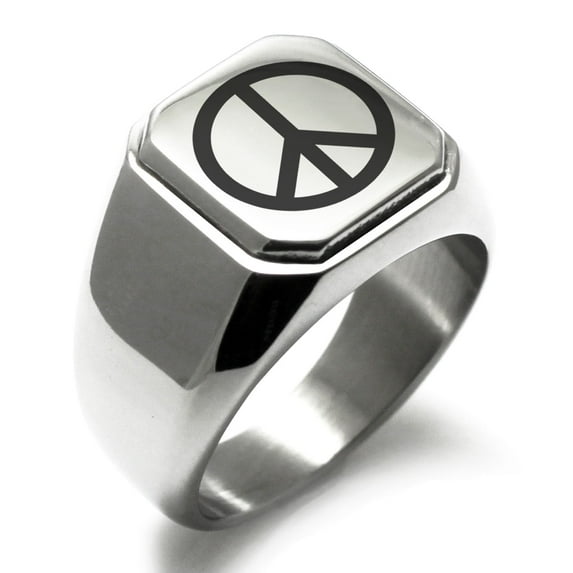 Tioneer Stainless Steel Peace Engraved Square Flat Top Biker Style Polished Signet Ring