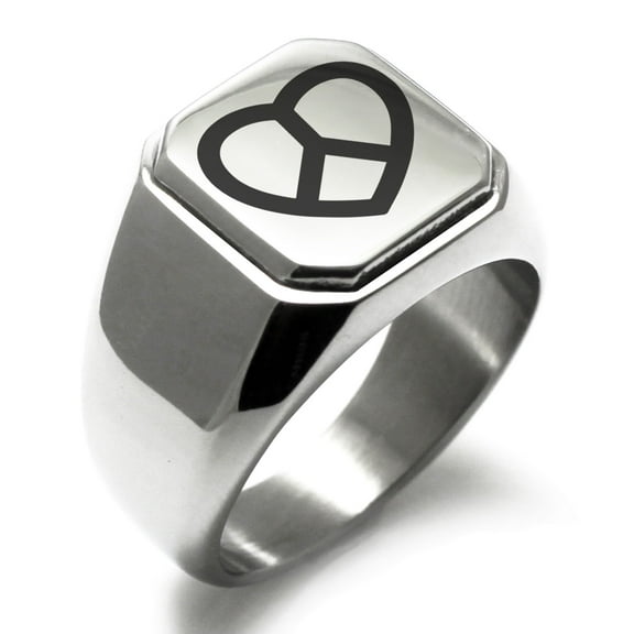 Stainless Steel Peace & Love Engraved Square Flat Top Biker Style Polished Signet Ring