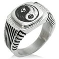 thumbnail image 1 of Stainless Steel Peacock Feather Yin Yang CZ Ribbed Needle Stripe Pattern Biker Style Polished Ring, 1 of 1