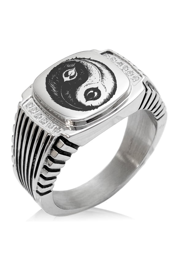 Stainless Steel Peacock Feather Yin Yang CZ Ribbed Needle Stripe Pattern Biker Style Polished Ring