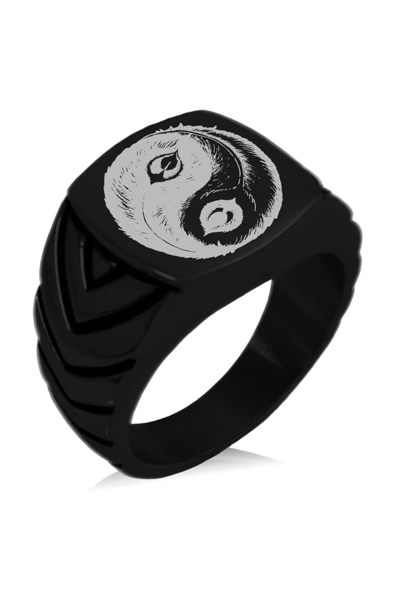 Stainless Steel Peacock Feather Yin Yang Chevron Pattern Biker Style Polished Ring