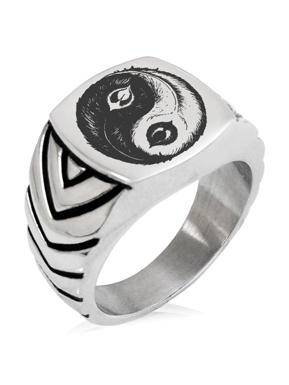 Stainless Steel Peacock Feather Yin Yang Chevron Pattern Biker Style Polished Ring