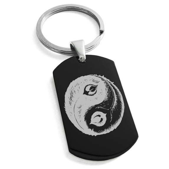 Stainless Steel Peacock Feather Yin Yang Engraved Dog Tag Keychain Keyring