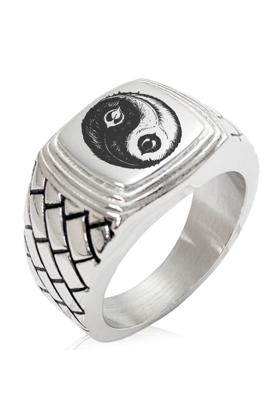 Stainless Steel Peacock Feather Yin Yang Geometric Pattern Step-Down Biker Style Polished Ring