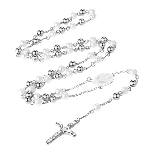 Stainless Steel Pearls Rosary Beaded Necklace with Cross and Virgin Mary Y Necklace Jewelry for Women - Silver