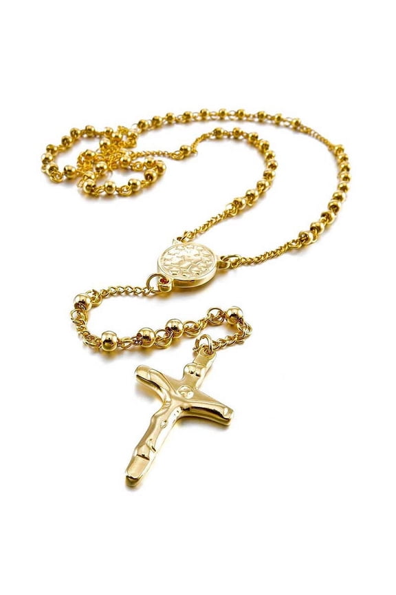 Stainless Steel Pendant Necklace Gold Crucifix Rosary Retro 23 Inch Chain Man Woman