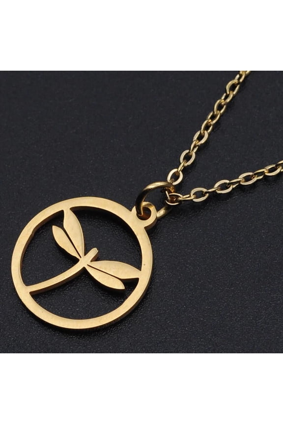 Stainless Steel Gold Cable Dragonfly Pendant Necklace 15.74 Inch 1.5mm Lobster Clasp P61