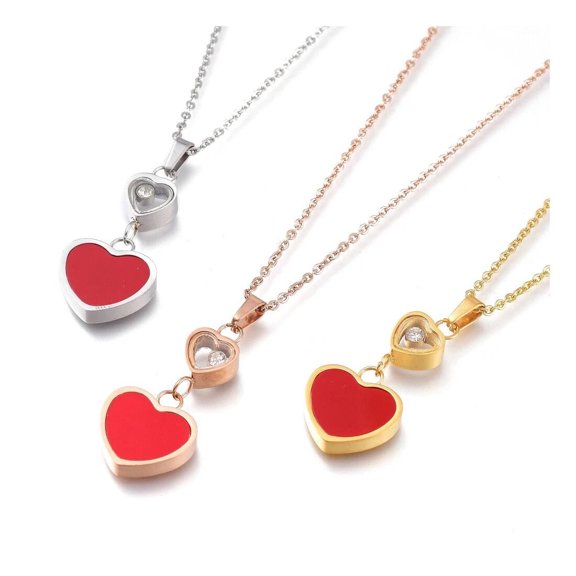 Stainless Steel Silver Red Rhinestone-Accented Heart Pendant Necklace Lobster Clasp Z501