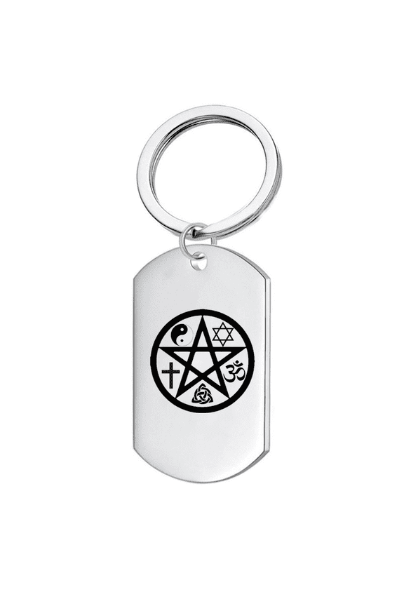 Stainless Steel Pentacle Keychain Triquetra Knot Yin Yang Cross Om Symbol Pentagram Keyring Pendant Tag Religious Amulet Gifts for Men Women, Silver