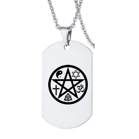 Stainless Steel Pentacle Necklace Triquetra Knot Yin Yang Cross Om Symbol Pentagram Pendant Chain Religious Amulet Jewelry for Men Women, Silver