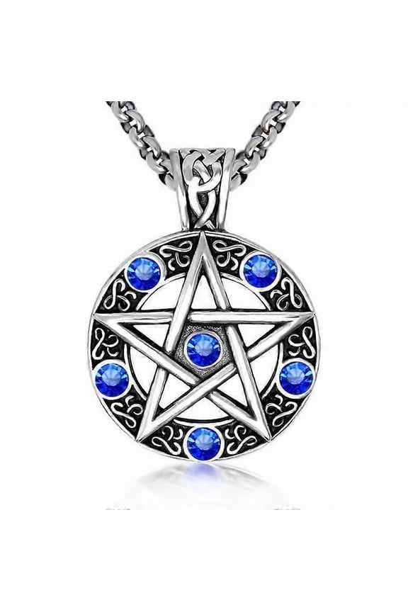 Stainless Steel Pentagram Pendant Necklace High Polished Blue Crystal Pentacle Charm Amulet Pendant Necklace For Men Women
