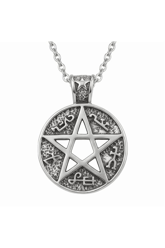 Stainless Steel Pentagram Pendant Necklace Mystic Symbol Charm with 18 Inch Cable Chain Round Occult Inspired Statement Fashion Jewelry Detailed Artisan Design 35x35mm