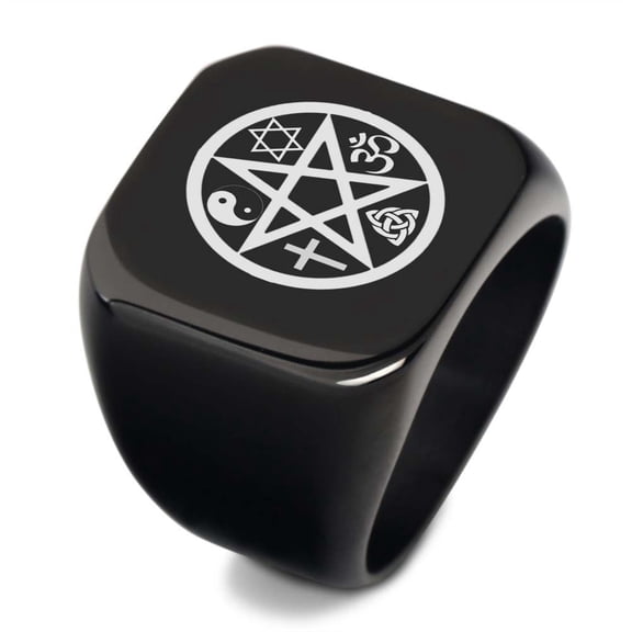 Stainless Steel Pentagram Pentacle Ring Men's Signet Ring Cross Yin Ying Buddhist OM Star of David Triquetra Knot Religious Protection Symbols Jewelry, Size 12