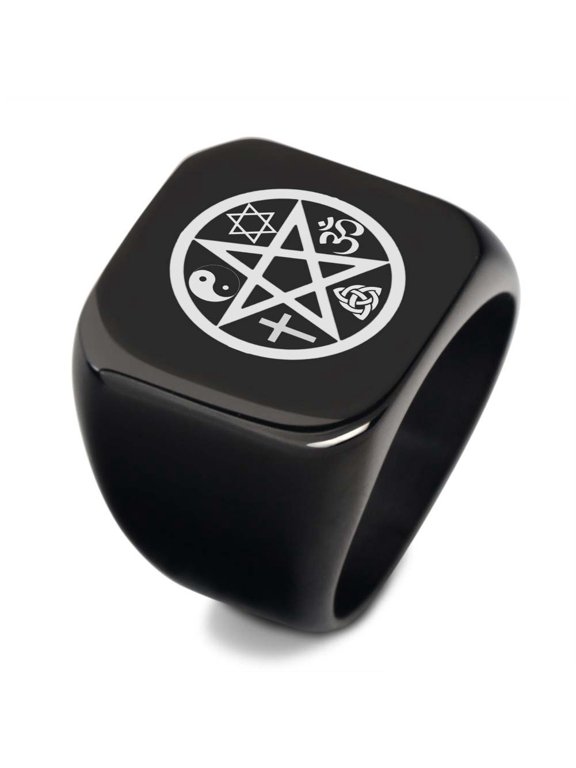 Stainless Steel Pentagram Pentacle Ring Men's Signet Ring Cross Yin Ying Buddhist OM Star of David Triquetra Knot Religious Protection Symbols Jewelry, Size 10