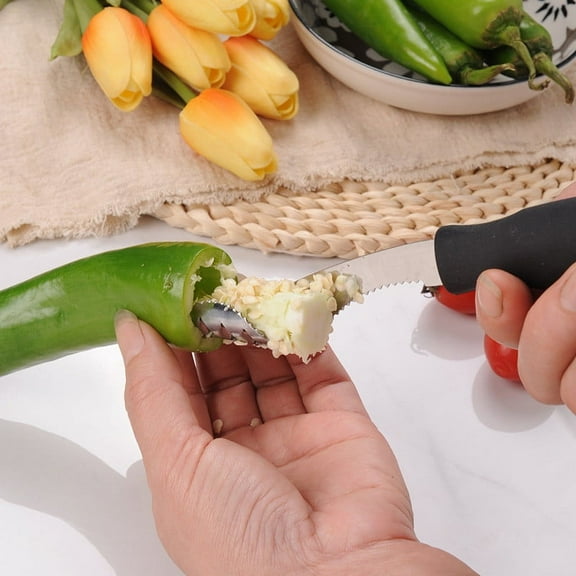 Stainless Steel Pepper Corer Remover Tool - Green Pepper Remover with Serrated Blade for Zucchini, Cucumber, Potato - Kitchen Vegetable Prep Tool