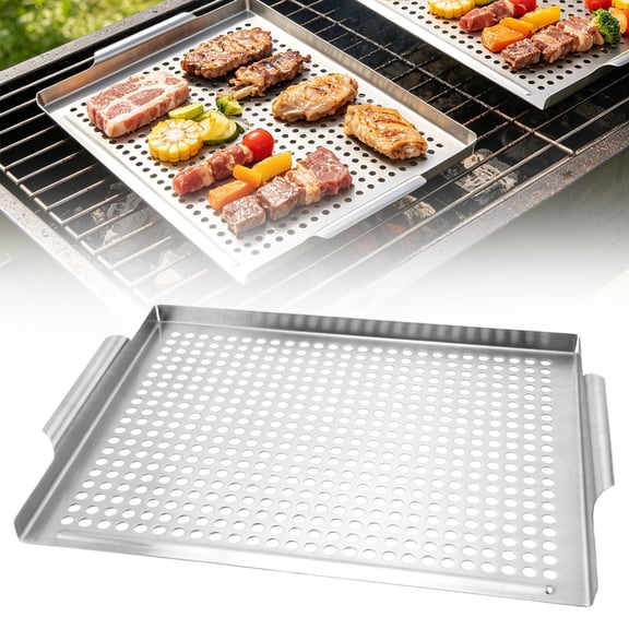 Stainless Steel Perforated Grill Tray - Non Stick Rectangular BBQ Pan with Handles - 14" x 11.6" Grill Topper for Vegetables, Seafood, Meats