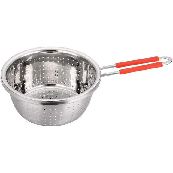 Stainless Steel Perforated Metal Colander Strainer with Long Red Handle Sieve Sifters Use for Kitchen Food Pasta Noodles Spaghetti Vegetables Silver - 7.9inch