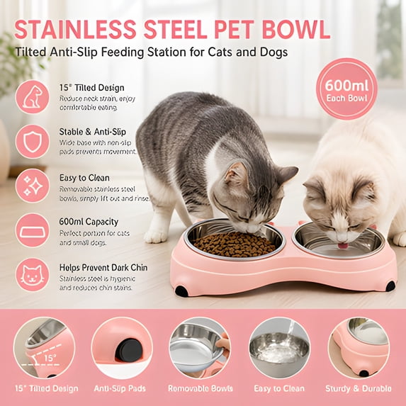 Stainless Steel Pet Bowl, Tilted Anti-Slip Feeding Station for Cats & Dogs, Easy to Clean & Helps Prevent Dark Chin (Pink, 600ml)