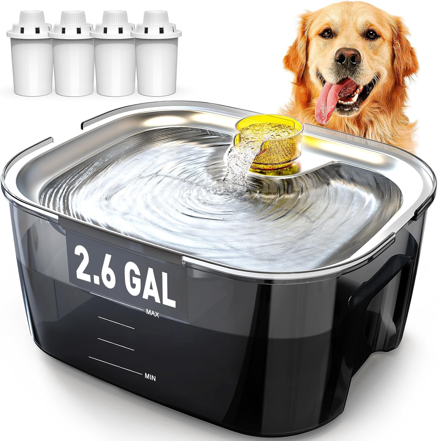 Stainless Steel Pet Fountain Dog Water Dispenser 2.6 Gallon 10L Capacity Multi Pet Home Ultra Quiet Pump 7 Layer Dual Filter System with 2 Filters
