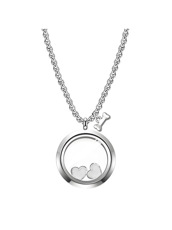 Stainless Steel Pet Hair Memorial Necklace, Bone Pendant Urn Locket with Clear Glass, Built-in Heart Charms, 23.62 in Chain, Silver Personalized Keepsake Necklace For Ashes, Pet Cremation Jewelry