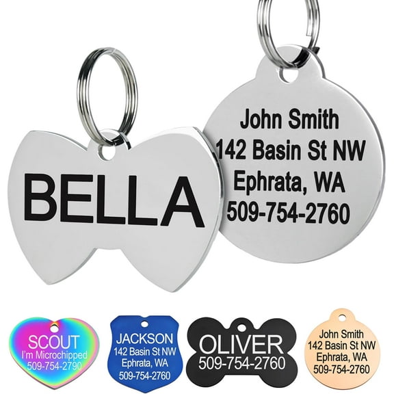 Stainless Steel Pet ID Tags, Personalized Dog Tags and Cat Tags, up to 8 Lines of Custom Text, Engraved on Both Sides, in Bone, Round, Heart, Bowtie and More (Dog Bone, Regular (Pack of 1))