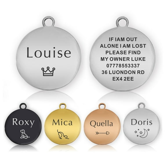 Stainless Steel Pet ID Tags,Personalized Dog Tags and Cat Tags, Custom Text Laser Engraved On Both Sides, Multiple Colors & Sizes