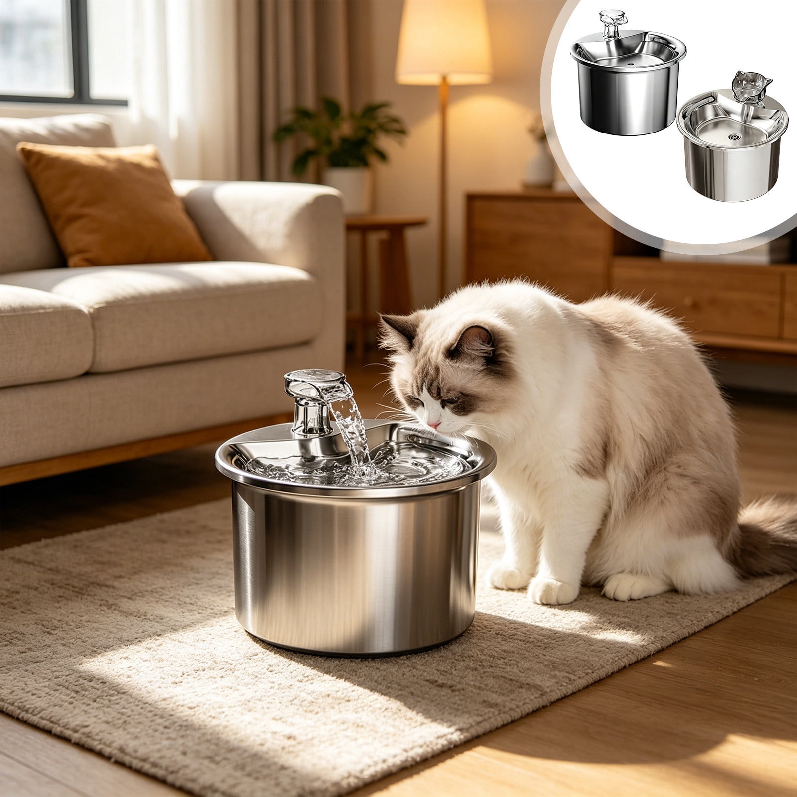Stainless Steel Pet Water Dispenser USB Automatic Circulation Filter Fountain Intelligent Quiet Power Saving Flowing Water Feeder Suitable for Cats