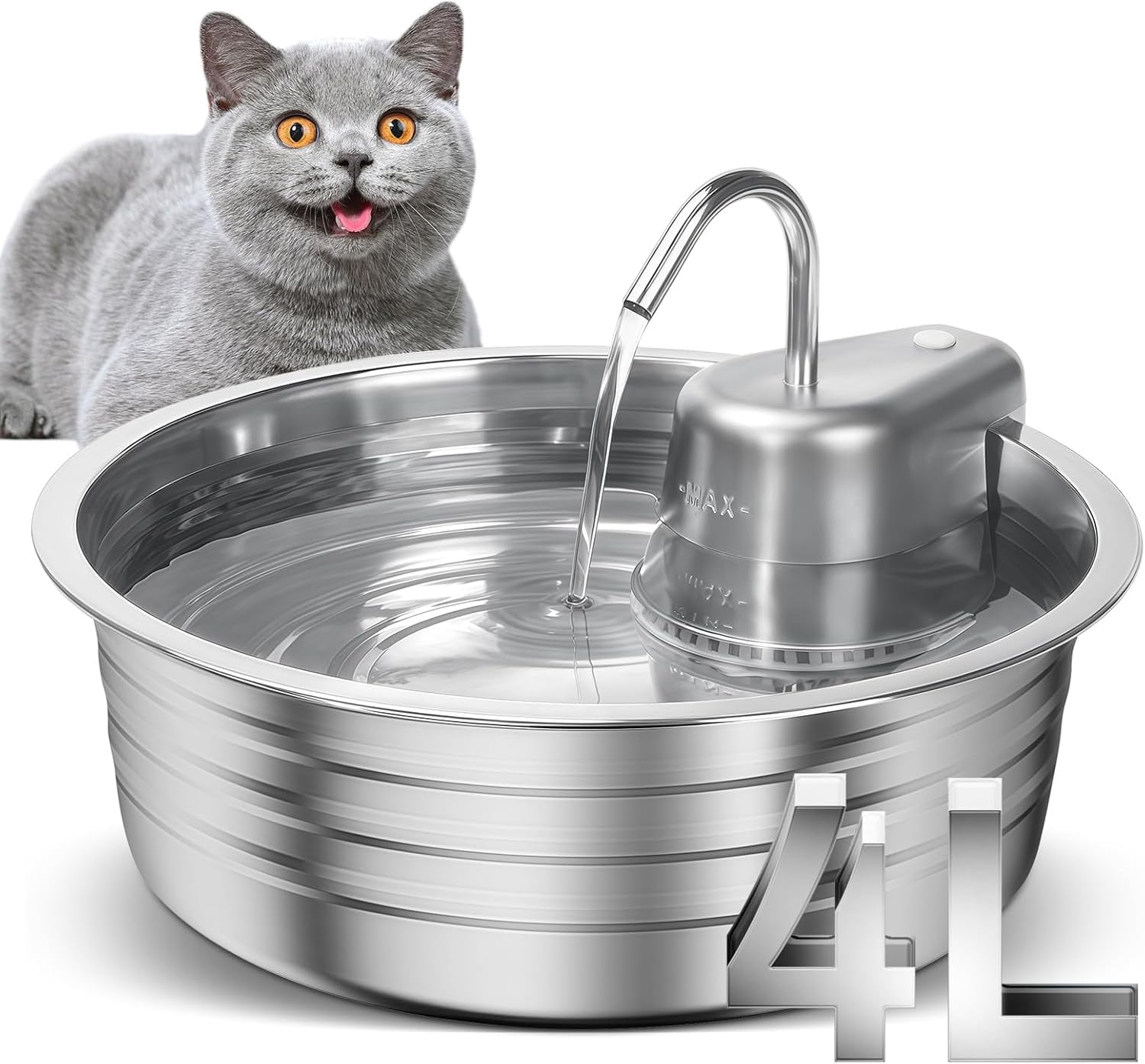 Stainless Steel Pet Water Fountain 4L/135OZ with Ultra-Quiet Pump and 6 Filters for Cats and Dogs Indoor