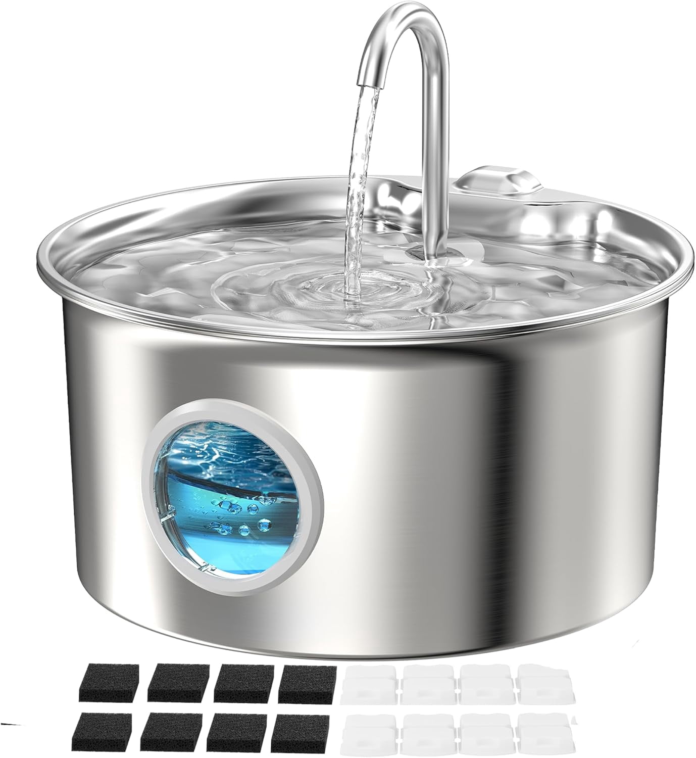 Stainless Steel Pet Water Fountain with 8 Filters and Sponges - 88oz/2.6L Quiet Cat Waterer Bowl Dispenser for Indoor Cats